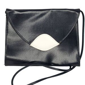 Vintage Vinyl Crossbody Purse Navy Blue White Snap Closure 10" X 7" X 1"